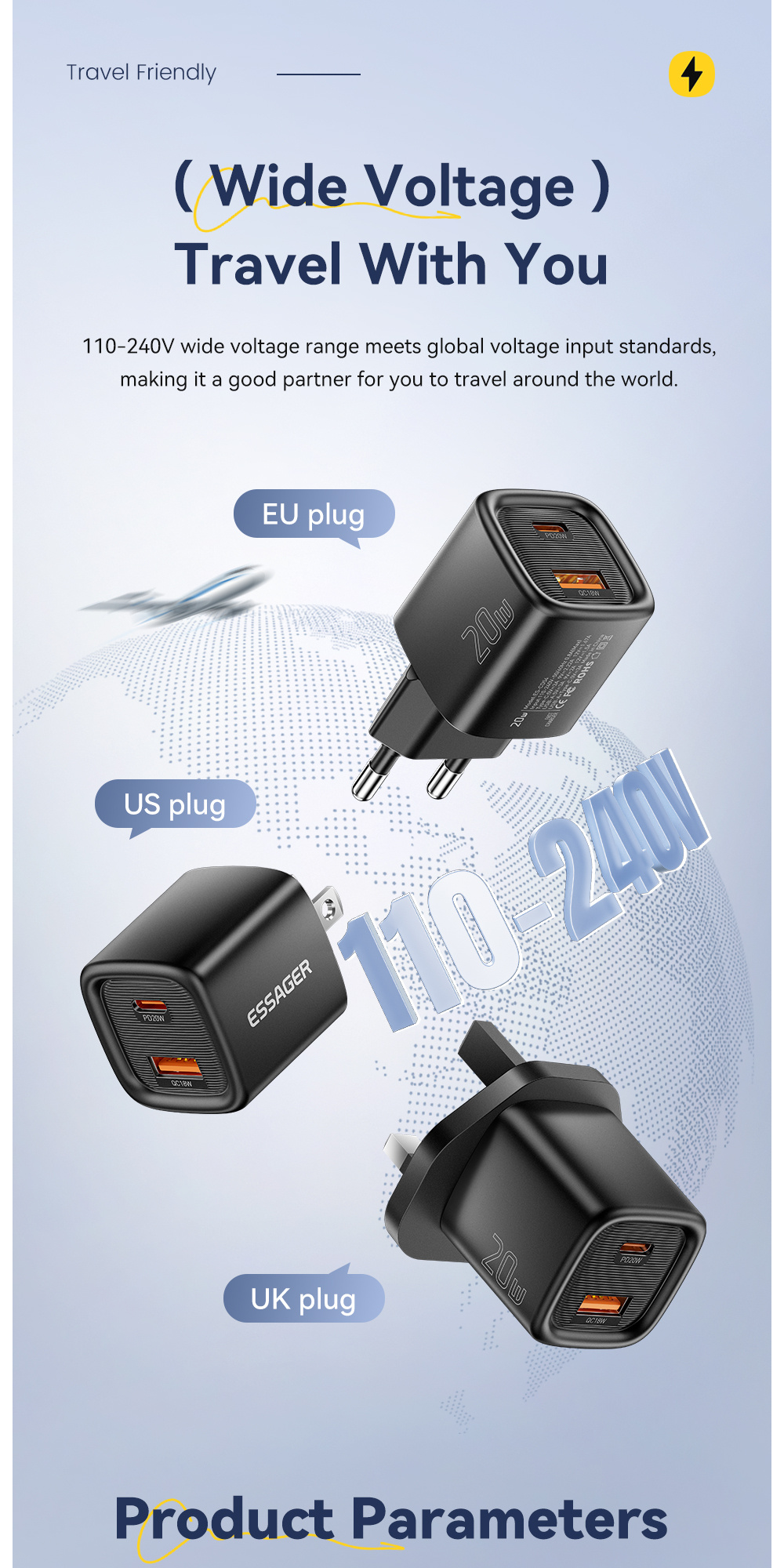 ESSAGER ES-CD54 mini adapter do szybkiego ładowania z portami USB-C / USB-A - 20W - biały