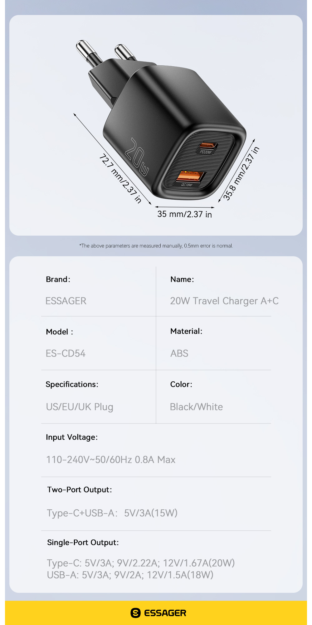 ESSAGER ES-CD54 mini adapter do szybkiego ładowania z portami USB-C / USB-A - 20W - biały ESSAGER ES-CD54 mini adapter do szybkiego ładowania z portami USB-C / USB-A - 20W - biały