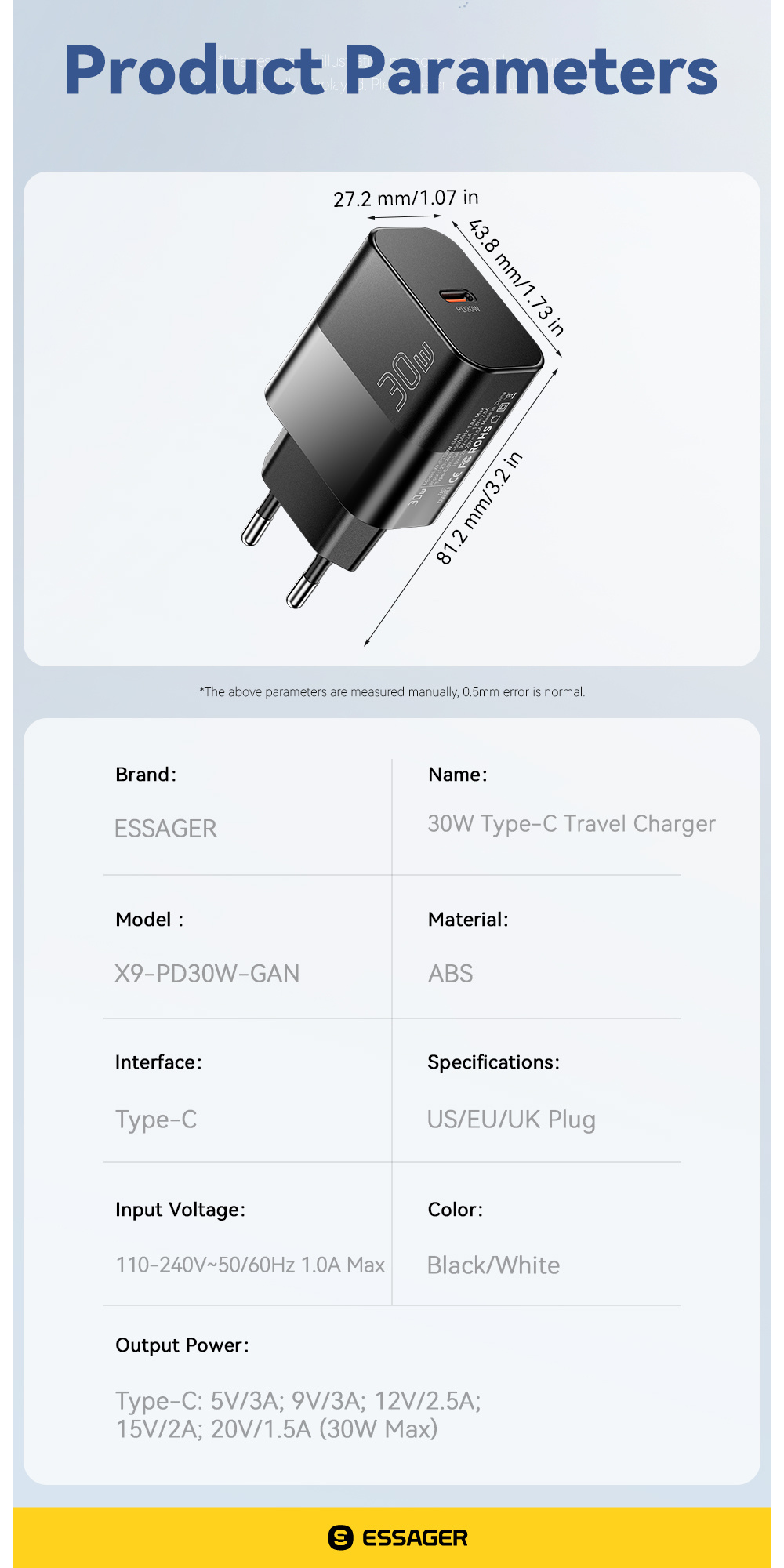 ESSAGER X9 GaN adapter do szybkiego ładowania z portem USB-C - 30W - czarny