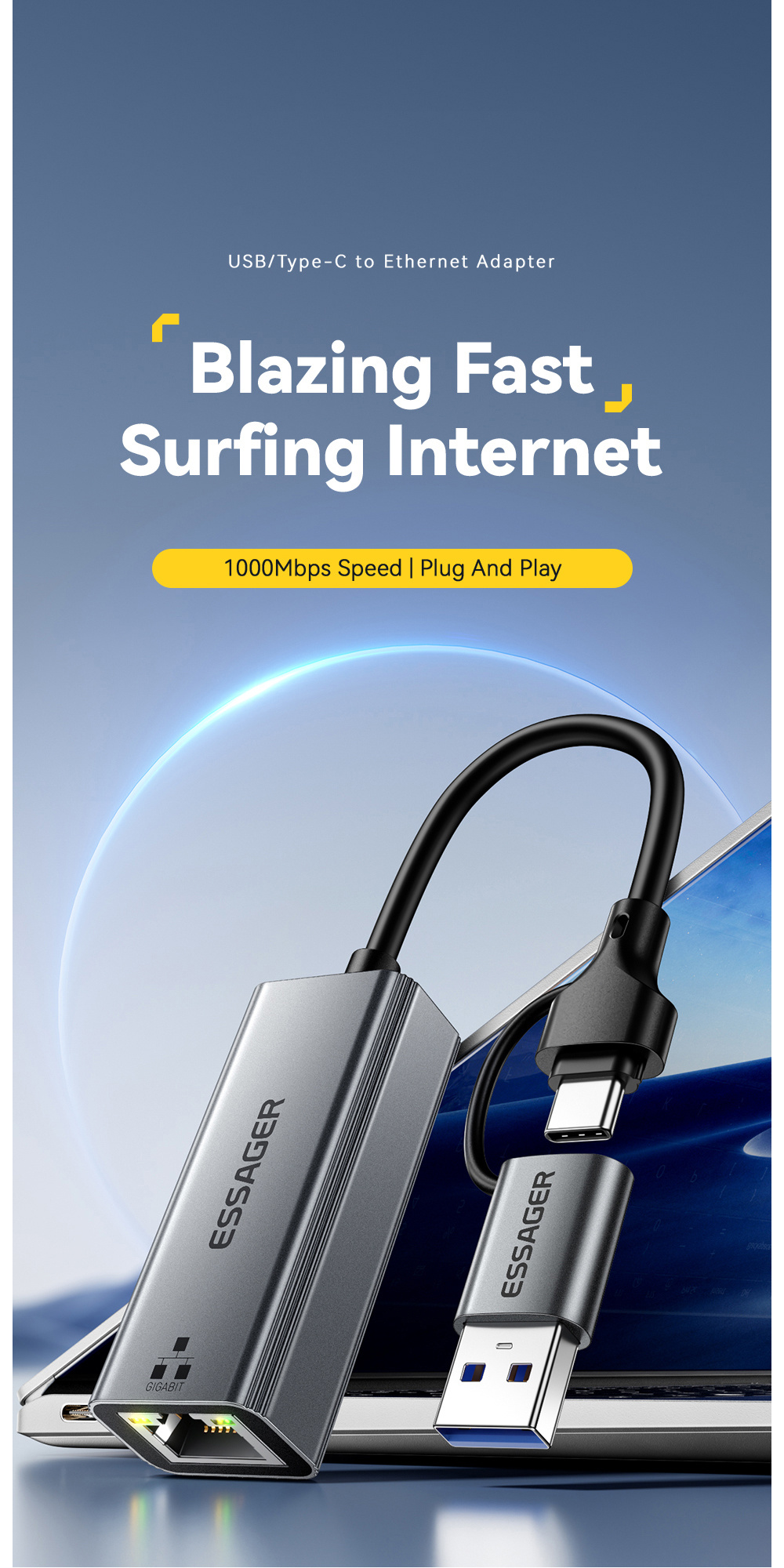 ESSAGER 2w1 adapter ethernet - RJ45 na USB-C / USB-A - szary
