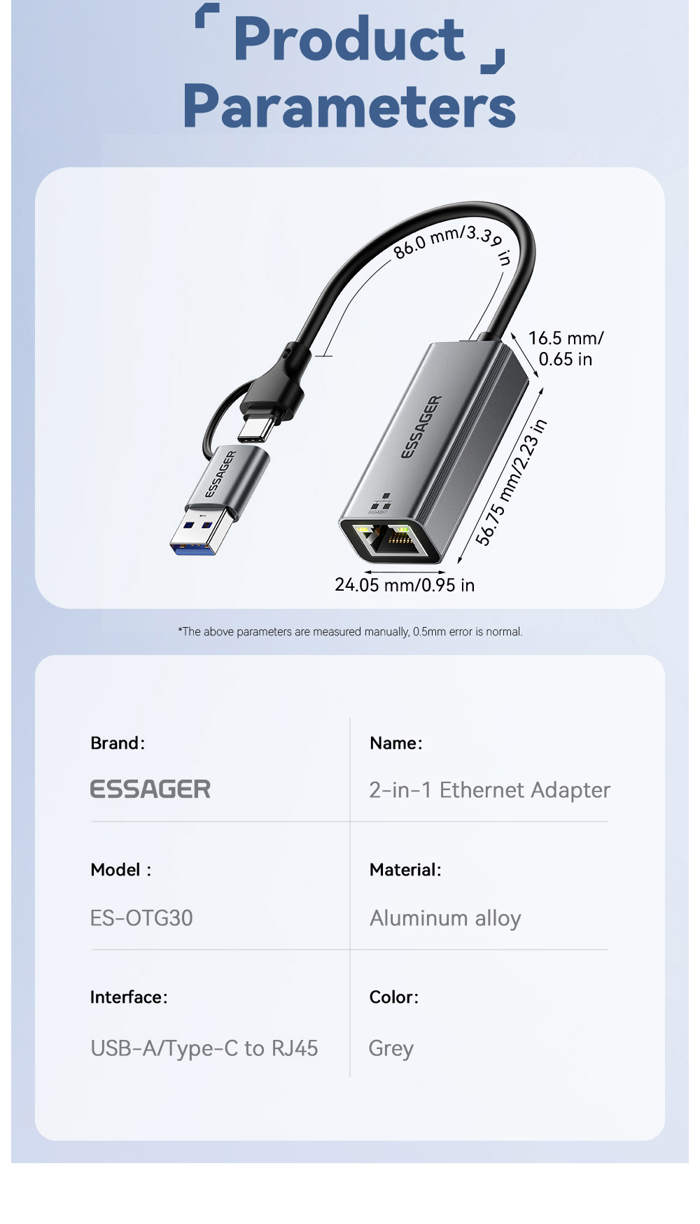 ESSAGER 2w1 adapter ethernet - RJ45 na USB-C / USB-A - szary ESSAGER 2w1 adapter ethernet - RJ45 na USB-C / USB-A - szary