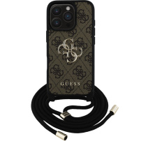 Guess 4G Metalowe etui z logo na ramię ze smyczą do iPhone'a 16 Pro - Brązowe