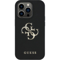Guess Etui z metalowym logo Grained 4G do iPhone'a 14 Pro - czarne