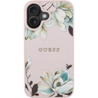 Etui Guess Grained Magnolia we wzór kwiatów z MagSafe do iPhone 16 - różowy