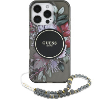 Guess IML Flowers Pearl Strap etui ze smyczą i MagSafe do iPhone 16 Pro Max – szary