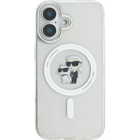 Karl Lagerfeld Brokatowe etui IML Karl i Choupette z MagSafe dla iPhone'a 16 - srebrne