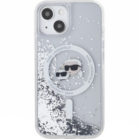 Karl Lagerfeld Osłona główki Karla i Choupette z płynnym brokatem z MagSafe dla iPhone'a 15 - srebrna