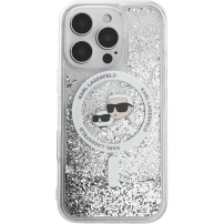 Karl Lagerfeld Osłona główki Karla i Choupette z płynnym brokatem z MagSafe do iPhone'a 16 Pro Max - srebrna