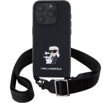 Karl Lagerfeld Metalowe etui Saffiano Crossbody Karl i Choupette z regulowanym paskiem do iPhone'a 16 Pro - czarne