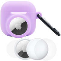 Zestaw 3w1 silikonowego etui i folii ochronnej na przód i tył do AirPods 4 / 5 / AirTag 1 / 2 - fioletowy