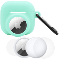 Zestaw 3w1 silikonowego etui i folii ochronnej na przód i tył do AirPods 4 / 5 / AirTag 1 / 2 - miętowy