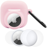 Zestaw 3w1 silikonowe etui i folia ochronna na przód i tył do AirPods 4 / 5 / AirTag 1 / 2 - różowy