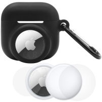 Zestaw 3w1 silikonowego etui i folii ochronnej na przód i tył do AirPods 4 / 5 / AirTag 1 / 2 - czarny