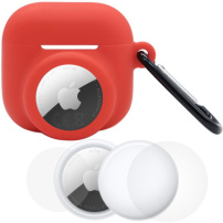 Zestaw 3w1 silikonowego etui i folii ochronnej na przód i tył do AirPods 4 / 5 / AirTag 1 / 2 - czerwony