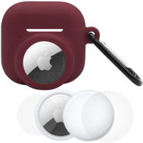 Zestaw 3w1 silikonowego etui i folii ochronnej na przód i tył do AirPods 4 / 5 / AirTag 1 / 2 - bordowy