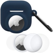 3w1 zestaw silikonowego etui i folii ochronnej na przód i tył do AirPods 4 / 5 / AirTag 1 / 2 - ciemnoniebieski