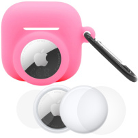 Zestaw 3w1 silikonowego etui i folii ochronnej na przód i tył do AirPods 4 / 5 / AirTag 1 / 2 - świecący różowy