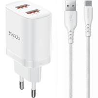 Yesido YC104 zestaw adaptera z portami 2x USB-A i kabla USB-A na USB-C - 12W - 1 m - biały