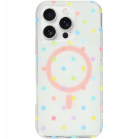 Błyszczące etui w kropki i MagSafe do iPhone 16 Pro Max - biało-tęczowe