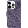 Etui zamykane ze wzorem koronki do iPhone 14 Pro Max - fioletowe