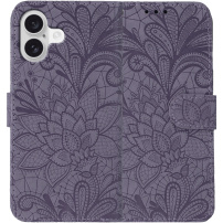 Etui zamykane ze wzorem koronki do iPhone 16 - fioletowe