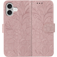 Etui zamykane we wzór koronki do iPhone 16 Plus - różowe