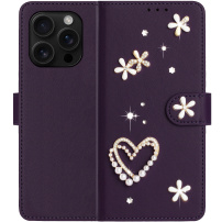Etui zamykane z perełkami i kamieniami do iPhone 16 Pro - fioletowe