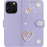 Etui zamykane z perełkami i kamieniami do iPhone 16 Pro - jasnofioletowe