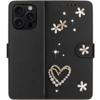 Etui zamykane z perełkami i kamieniami do iPhone 16 Pro - czarne