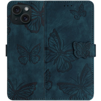 Etui zamykane we wzór motyli do iPhone 15 Plus - ciemnoniebieskie