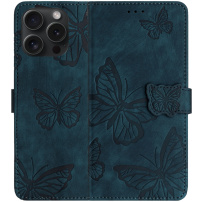Etui zamykane we wzór motyli do iPhone 16 Pro - ciemnoniebieskie