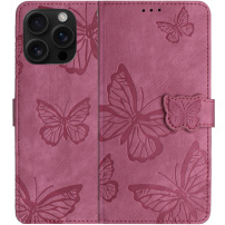 Etui zamykane we wzór motyli do iPhone 16 Pro Max - ciemnoróżowe