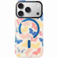 Przezroczyste etui z brokatem, wzorem w motyle i MagSafe do iPhone 17 Pro Max - niebiesko-różowe