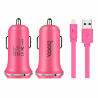 HOCO ładowarka samochodowa z dwoma portami USB + złącze lightning dla Apple iPhone / iPad / iPod - różowa