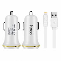 HOCO ładowarka samochodowa z dwoma portami USB + lightning złącze dla Apple iPhone / iPad / iPod – biała