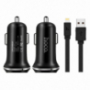 HOCO ładowarka samochodowa z dwoma portami USB + lightning złącze dla Apple iPhone / iPad / iPod – czarna