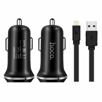 HOCO ładowarka samochodowa z dwoma portami USB + lightning złącze dla Apple iPhone / iPad / iPod – czarna
