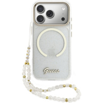 Guess IML Glitter Script Strap etui z MagSafe i paskiem do iPhone 17 Pro Max - przezroczyste