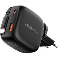 ESSAGER ES-CD60 GaN zestaw adaptera z portami USB-C / USB-A i wysuwanego Kabel USB-C - 65W - czarny