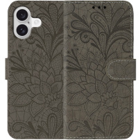 Etui zamykane ze wzorem koronki do iPhone 16 Plus - brązowe