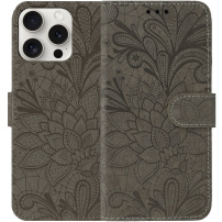 Etui zamykane ze wzorem koronki do iPhone 15 Pro Max - brązowe