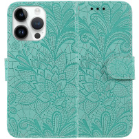 Etui zamykane ze wzorem koronki do iPhone 13 Pro - turkusowe
