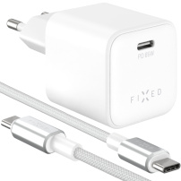 FIXED Mini GaN zestaw adaptera z portem USB-C i kabla USB-C na USB-C - 65W - 2 m - biały