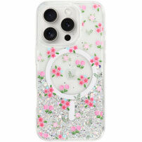 Przezroczyste etui z brokatem i MagSafe do iPhone 16 Pro - różowe kwiaty