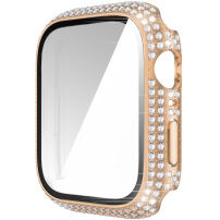Ozdobiona kryształkami górskimi obudowa z hartowanym szkłem dla Apple Watch 45mm - różowo-złoty