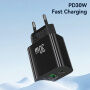 USAMS CC316 GaN ładowarka do szybkiego ładowania z portami USB-C / USB-A - 30W - czarna