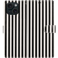 Etui zamykane w paski do iPhone 15 Plus - czarno-białe