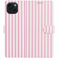 Etui zamykane w paski do iPhone 15 Plus - różowo-białe