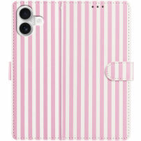Etui zamykane w paski do iPhone 16 Plus - różowo-białe