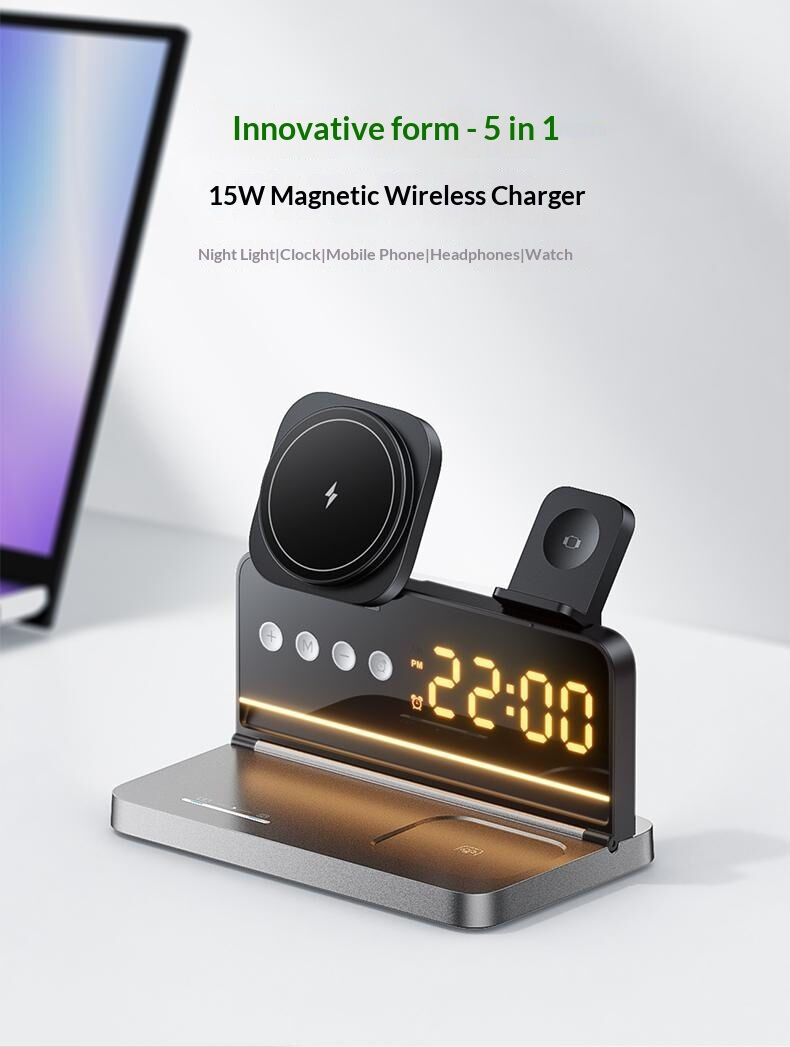 HT-568 3w1 składana magnetyczna bezprzewodowy podstawka z zegarem, budzikiem i podświetleniem do iPhone / Apple Watch / AirPods - 15W - szara HT-568 3w1 składana magnetyczna bezprzewodowy podstawka z zegarem, budzikiem i podświetleniem do iPhone / Apple Watch / AirPods - 15W - szara